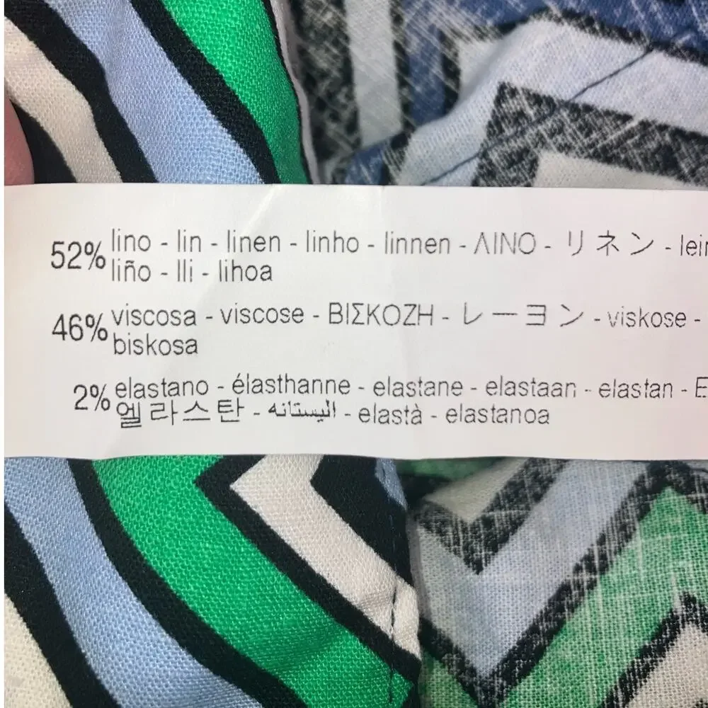 New Zara Chevron Blue Black White Green Linen Blend Pants Large